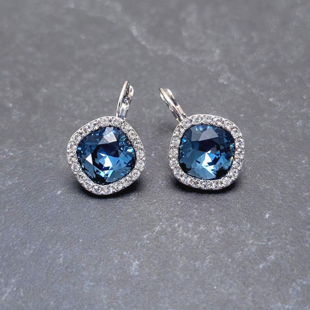 Stunning Blue and Clear Gem Regal Vintage Leverback Earrings Dangle Stamped M